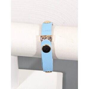 Erimish Blue Leather Snap Bracelet Gold Tone Stackable 8"